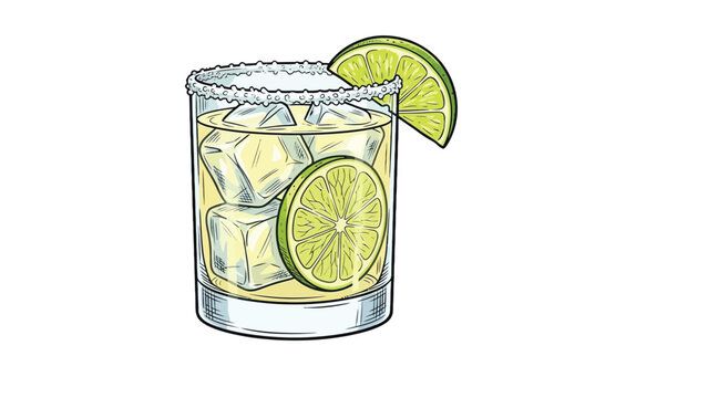 Refreshing tequila cocktail vector illustration featuring bright lime slices and clear ice cubes in glass