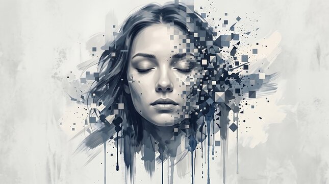 Portrait of a young woman with a face dissolving into digital pixels and abstract ink brush strokes