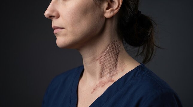 Profile view of woman showing hypertrophic mesh skin graft scar on lateral neck