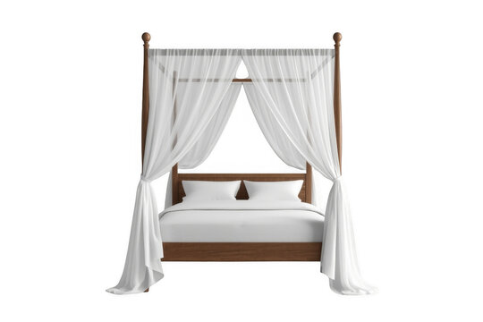 Elegant canopy bed with white curtains and dark wood frame