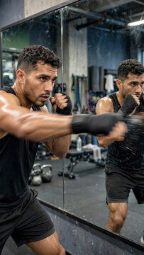 Hispanic man practicing shadowboxing in front of mirror in commercial gym