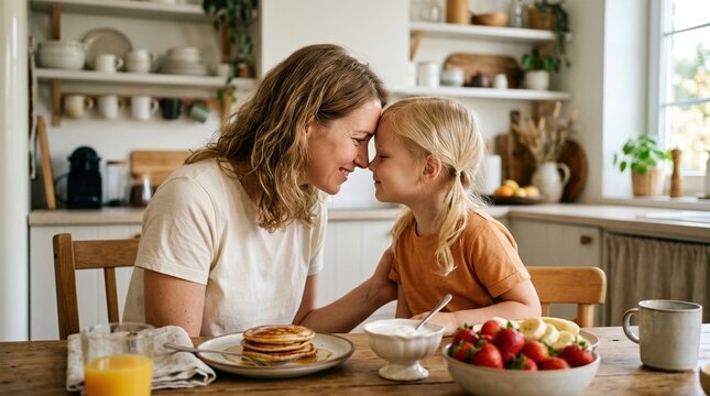 close-up of tender moment between mother and child during healthy breakfast in cozy kitchen. concept of a healthy joint breakfast, nurturing love, and quality morning time spent together.