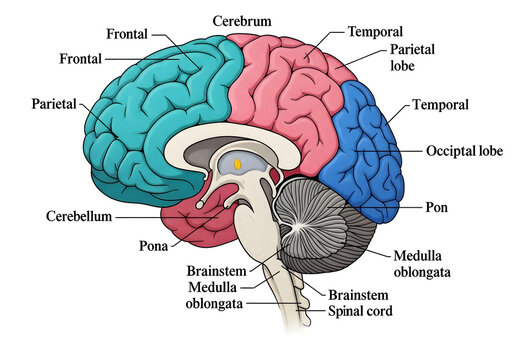 Human brain anatomy labeled diagram illustration isolated on white background