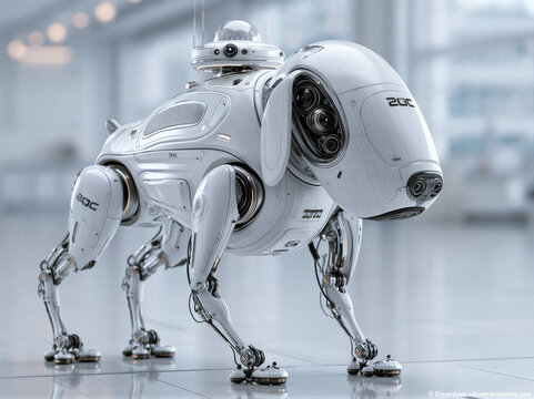 Sleek aluminum quadruped robot guide dog with LiDAR sensors in modern lab, cinematic volumetric lighting, shallow depth of field, negative space, ideal for assistive tech and healthcare campaigns.