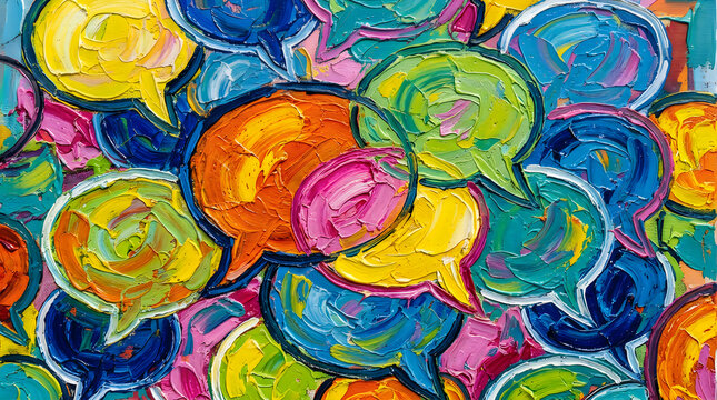 Abstract oil painting texture background featuring a vibrant, colorful composition of overlapping speech bubble shapes symbolizing modern communication, social media, dialogue, and ideas