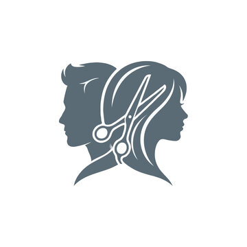 Hair Salon Logo Design with Man and Woman Profiles and Scissors Vector