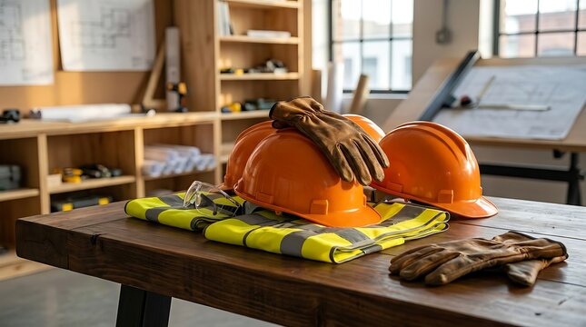 Safety equipment including hard hats, gloves, and a vest on a table in an engineer's office, symbolizing preparation and protection for construction projects