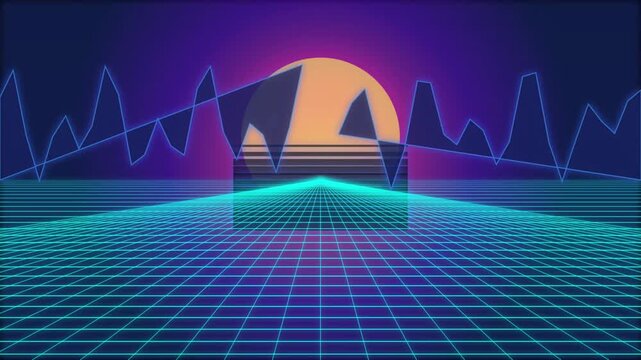 Abstract Synthwave Digital Landscape With A Glowing Sun And Moving Grid Lines For A Retro Futuristic Technology Background That Conveys A Sense Of Digital Innovation And Modern