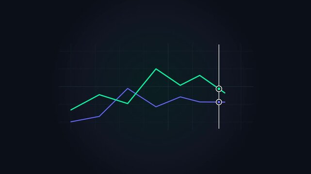 Minimalist dark-theme data visualization animation featuring dual trend lines with a dynamic scrubber guideline and intersecting telemetry nodes continuously sweeping across the entire chart from left