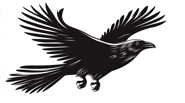 Bold raven in flight, wings spread, black silhouette against white, powerful symbol, design concept, creative graphic element