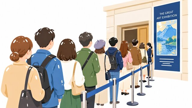 美術館で開催されているアート展の入口に行列を作る多くの人々のイラスト。