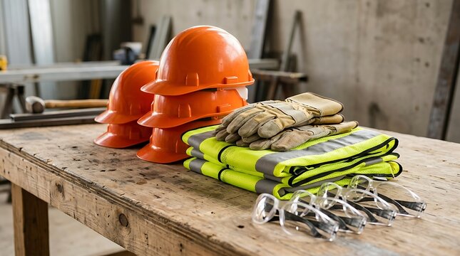 Workplace safety gear hard hats, vests, gloves, and safety glasses on a rustic wooden table, ready for construction and industrial job sites