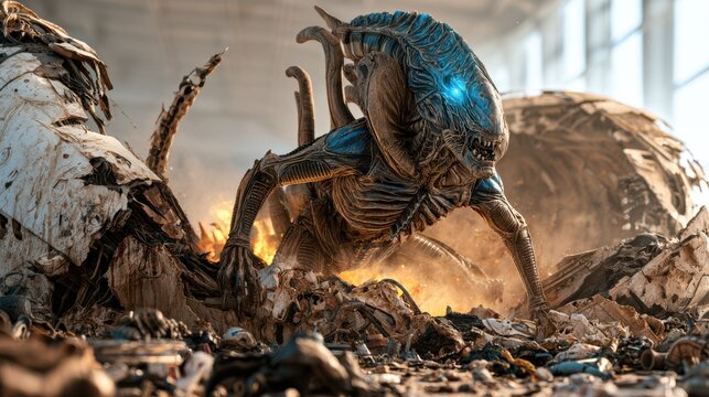 A detailed sci-fi alien creature emerges from a cracked egg in a fiery, futuristic environment filled with debris and intense light.