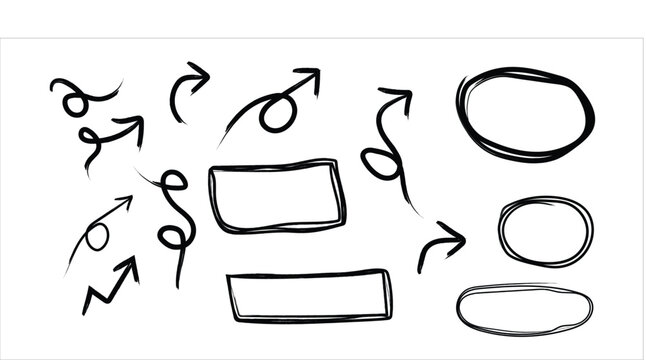 Hand drawn black marker sketch arrows ovals and rectangles set isolated on white background