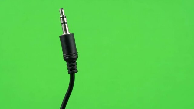 Close-up of a black audio cable with a metallic plug against a bright green background, isolated for compositing