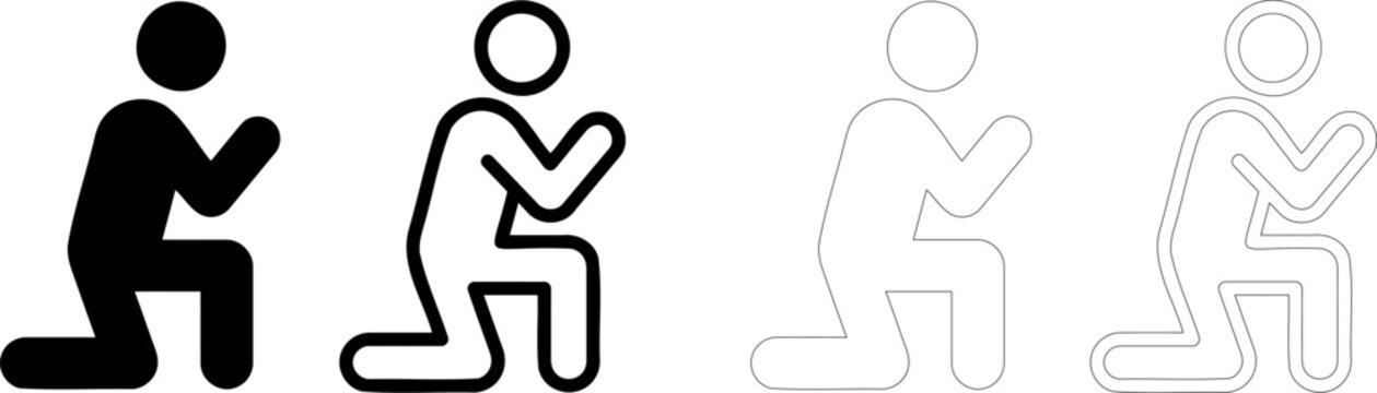 Kneeling person solid and outline icon set. Four styles of figures