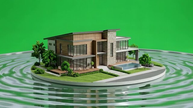Architectural scale model of a modern luxury house with landscaped gardens on a circular platform surrounded by reflective water