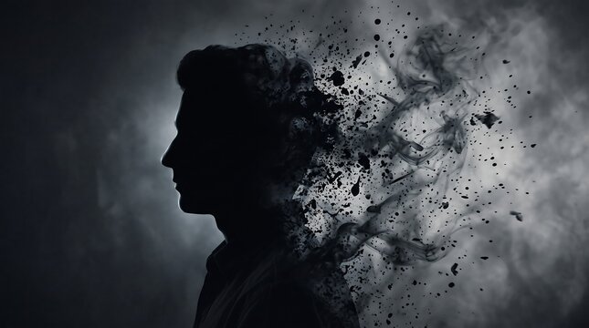 Silhouette of a man dissolving into dark smoke particles against a moody grey background
