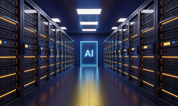 AI data center server room, high-performance computing racks, cloud database storage