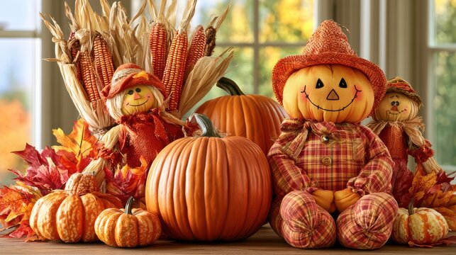 Festive autumn display with pumpkins, corn, colorful leaves, and smiling scarecrow decorations in cozy fall colors.