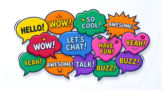 Colorful speech bubbles set with comic style expressions like hello, wow, awesome, and lets chat isolated on white background