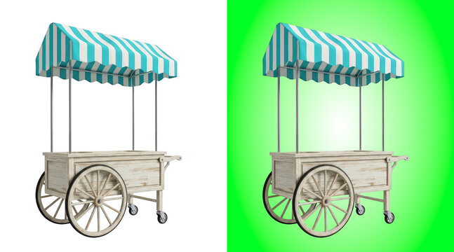 Vintage wooden street food cart with striped awning