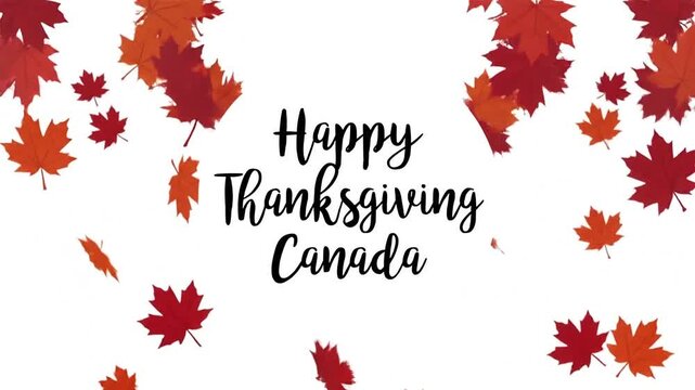 Animated holiday greeting with falling red autumn maple leaves on white background