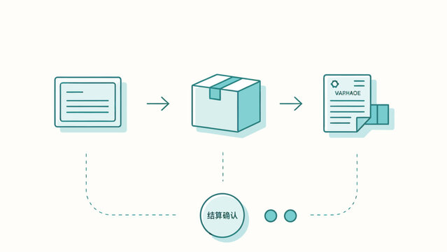 A clean minimalist vector illustration of a three-stage business transaction process flowchart with document