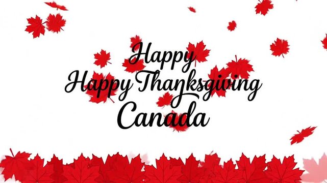 Red maple leaves falling around festive holiday greeting text on white background