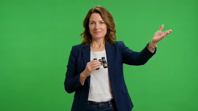 Professional woman presenting with a handheld microphone and welcoming gesture against a bright green studio background