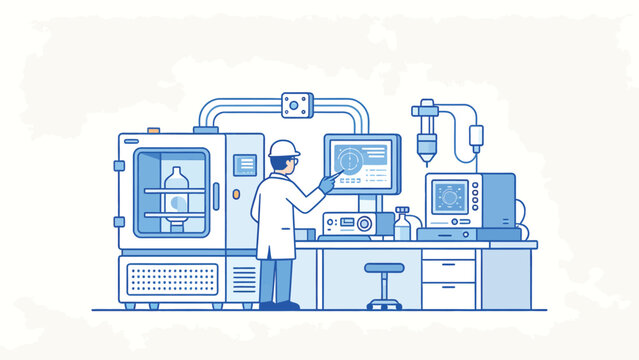 Line art illustration of a scientist in a modern laboratory interacting with a touchscreen analysis system