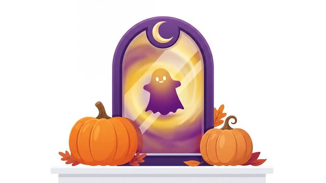 Cute ghost appearing in a magical purple Halloween mirror animation with pumpkins