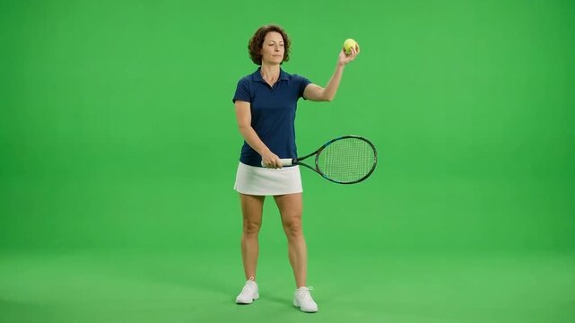 Female tennis player standing on a bright green studio background, holding a racket and tennis ball in a practice pose