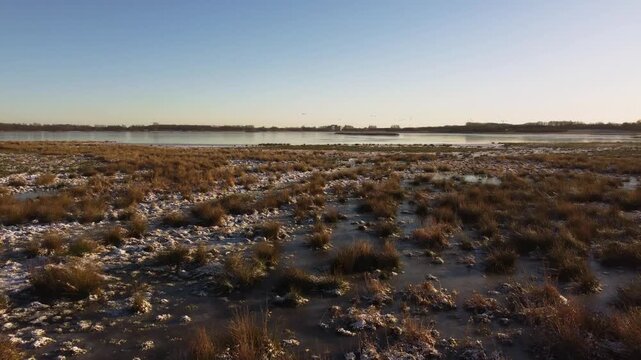 Snow-dusted wetland grasses beside frozen Ega Engso lake wetland near Aarhus, Denmark, aerial low dolly overview, backdrop of icy landscape