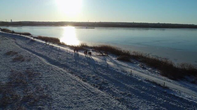 People walk together on snowy path beside frozen Ega Engso lake wetland in winter near Aarhus, Denmark, aerial backlit silhouette follow