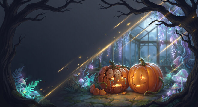 Smiling pumpkin comforting a broken crying jack-o-lantern in a magical neon garden