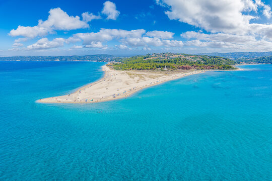 Aerial View of Possidi Cape Sand Spit and Turquoise Sea, Kassandra, Halkidiki, Greece