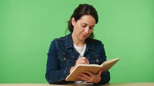 Focused woman in a denim jacket writes in an open notebook against a bright green background, suggesting study, planning, or creative work