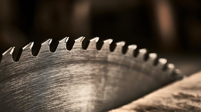Close up of a circular saw blade cutting through a piece of wood.