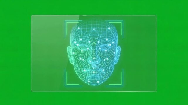 Glowing digital human face made of particles inside a scanning frame on a vivid green background, symbolizing biometric technology and artificial intelligence