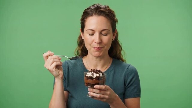 Smiling woman enjoys a layered chocolate dessert with a spoon against a clean green studio background