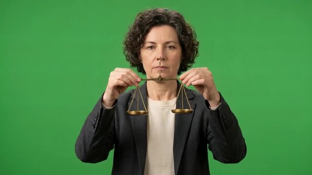 Mature woman in a black blazer adjusts eyeglasses while facing the camera against a bright green studio background