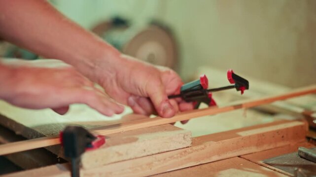 Close-up of a craftsman placing a wooden strip and tightening it with a clamp on a workbench. Authentic DIY woodworking footage for craft, carpentry and maker projects