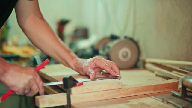 Close-up of a craftsman using a metal square and pencil to mark a wooden plank in a workshop. Authentic DIY woodworking footage for craft, carpentry and maker projects