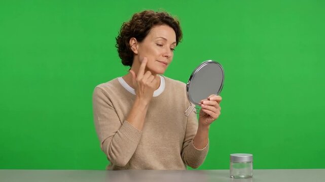 Mature woman examining her face in a handheld mirror while touching her cheek beside a glass of water against a green background