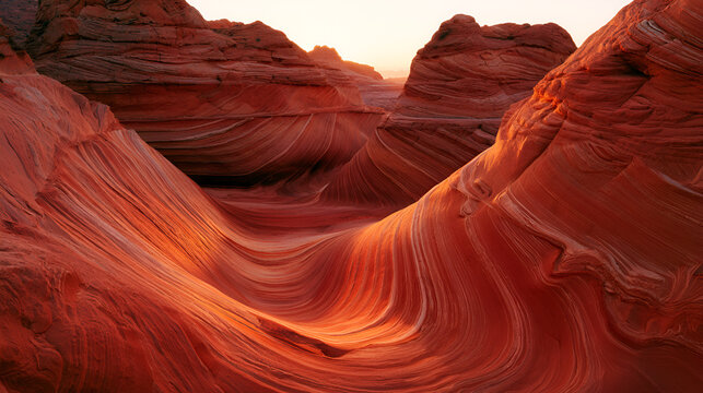 Red Rock Desert Formations Glowing Warm Orange At Sunset, Warm Tungsten Interior Light, Macro Lens, Fine Detail, High-Contrast Tones, Photorealistic, Ultra-Detailed