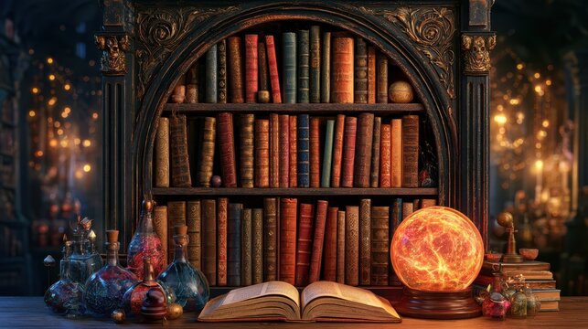 A vintage wooden bookshelf filled with old books, surrounded by magical-looking potion bottles and a glowing orb, creating a mystical, alchemist's study atmosphere.