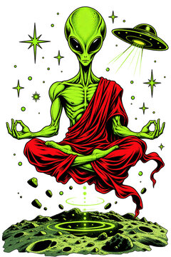 Green alien meditating in lotus pose with UFO and stars illustration