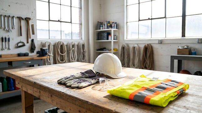 Hard hat, work gloves, and high-visibility vest on a workbench in a workshop, ready for a safe workday