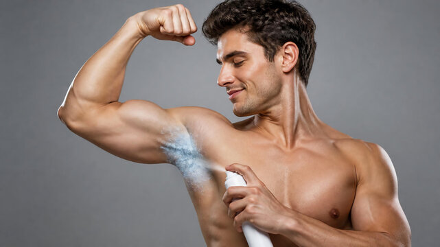 A muscular man smiling while applying aerosol deodorant spray to his underarm against a gray background.